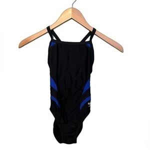Speedo PowerFlex Eco One Piece Swimsuit Blue/Black Criss Cross Back Size 22